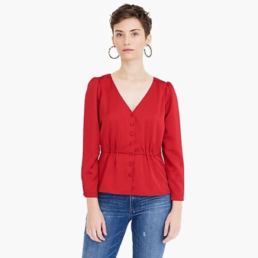 J Crew Red Long Sleeve Peplum Top in Satin-Crepe